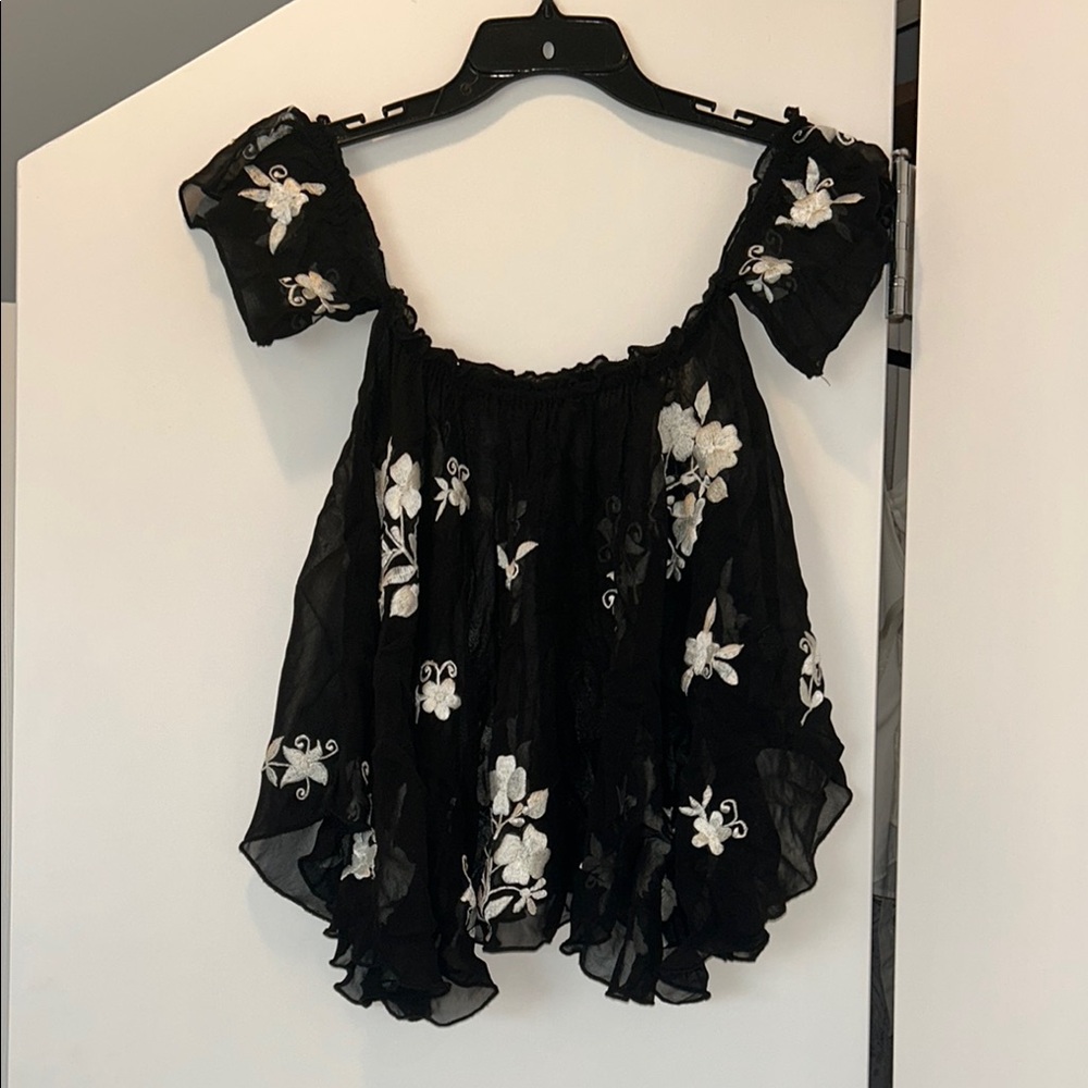 Black off the shoulder sheer embroidered  Ruffled Blouse
